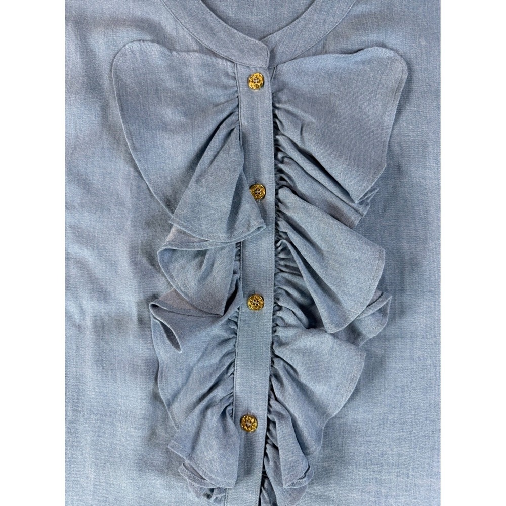 C. Wonder Ruffle Front Blouse 16W Chambray Denim Button Down Modern Elegant Chic - Picture 6 of 15